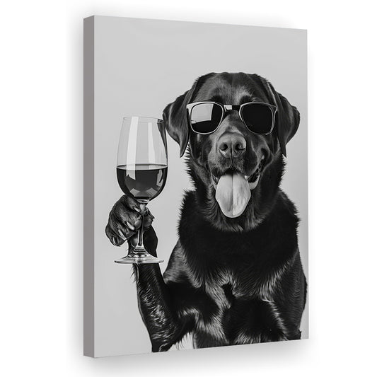 Labrador Drinking Wine Canvas Print Wall Art, Black and White, Black Lab, Bar Cart Print, Pet Art,, Home Bar Decor