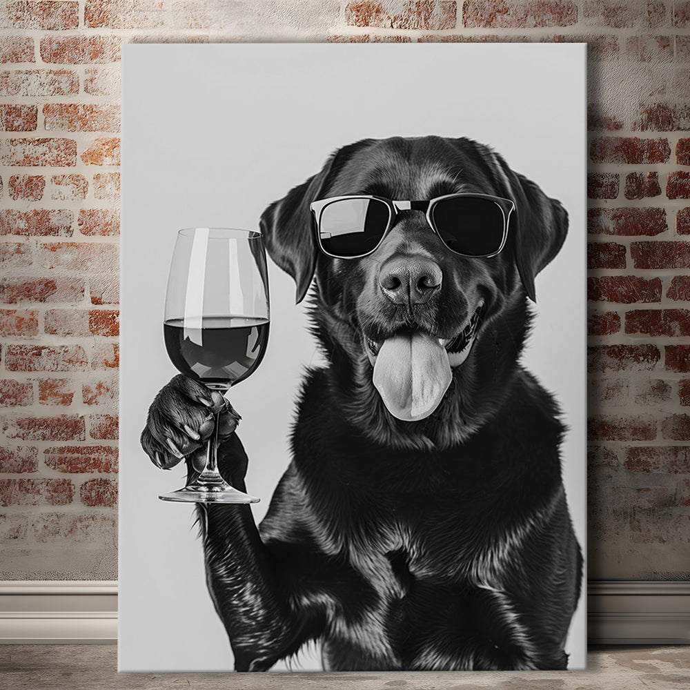 Labrador Drinking Wine Canvas Print Wall Art, Black and White, Black Lab, Bar Cart Print, Pet Art,, Home Bar Decor