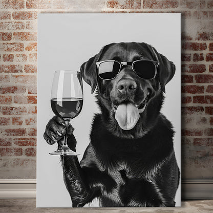 Labrador Drinking Wine Canvas Print Wall Art, Black and White, Black Lab, Bar Cart Print, Pet Art,, Home Bar Decor