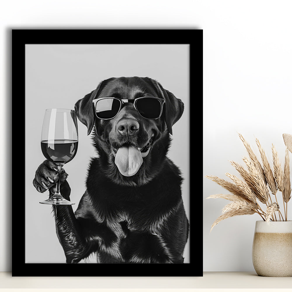 Labrador Drinking Wine Framed Art Print Wall Decor, Black and White, Black Lab, Bar Cart Print, Pet Art, Home Bar Decor