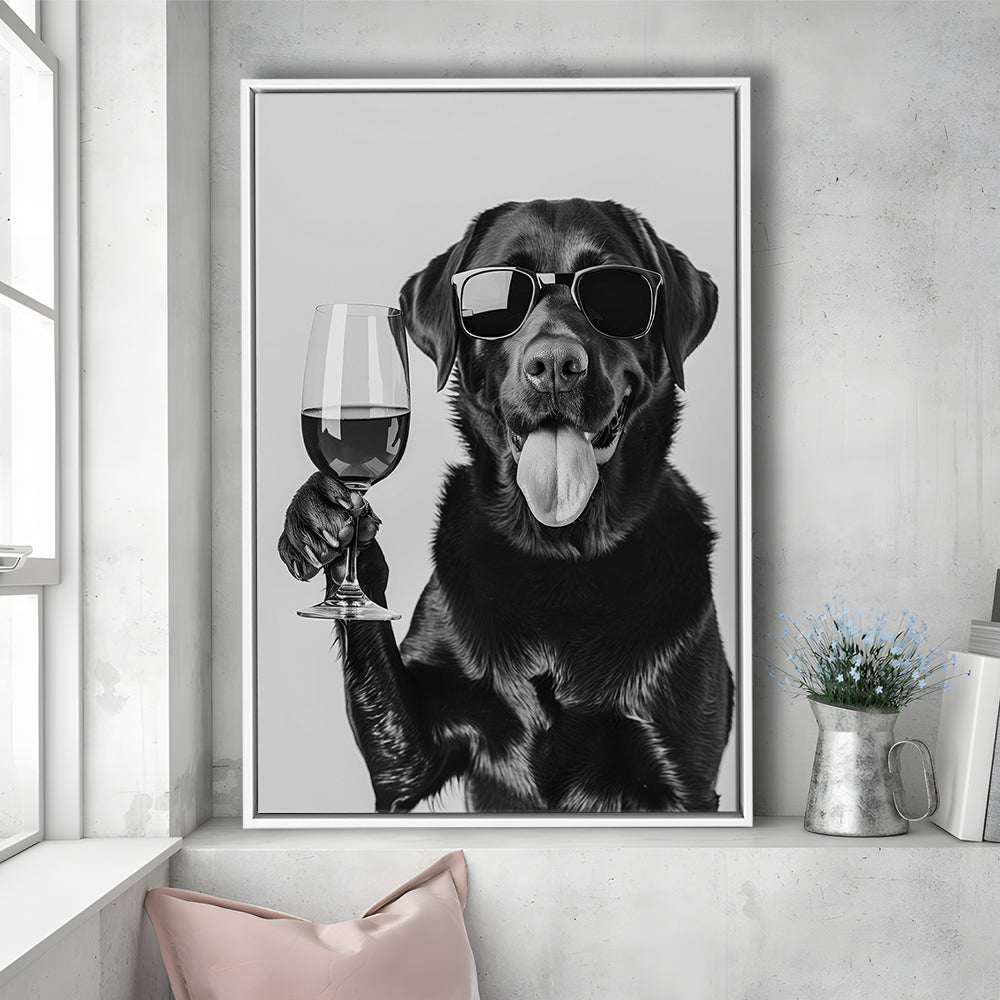 Labrador Drinking Wine Framed Canvas Print Wall Art, Black and White, Black Lab, Bar Cart Print, Pet Art, Home Bar Decor