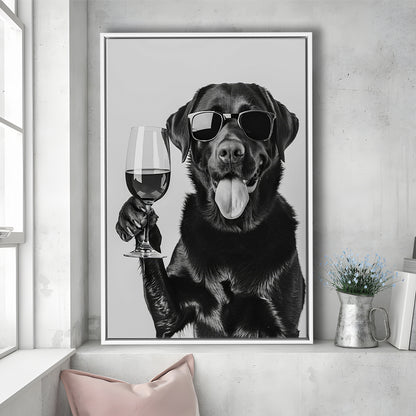 Labrador Drinking Wine Framed Canvas Print Wall Art, Black and White, Black Lab, Bar Cart Print, Pet Art, Home Bar Decor