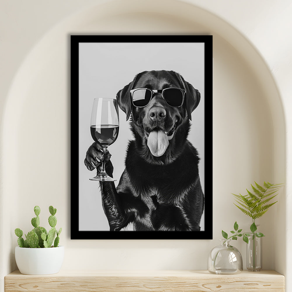 Labrador Drinking Wine Framed Art Print Wall Decor, Black and White, Black Lab, Bar Cart Print, Pet Art, Home Bar Decor