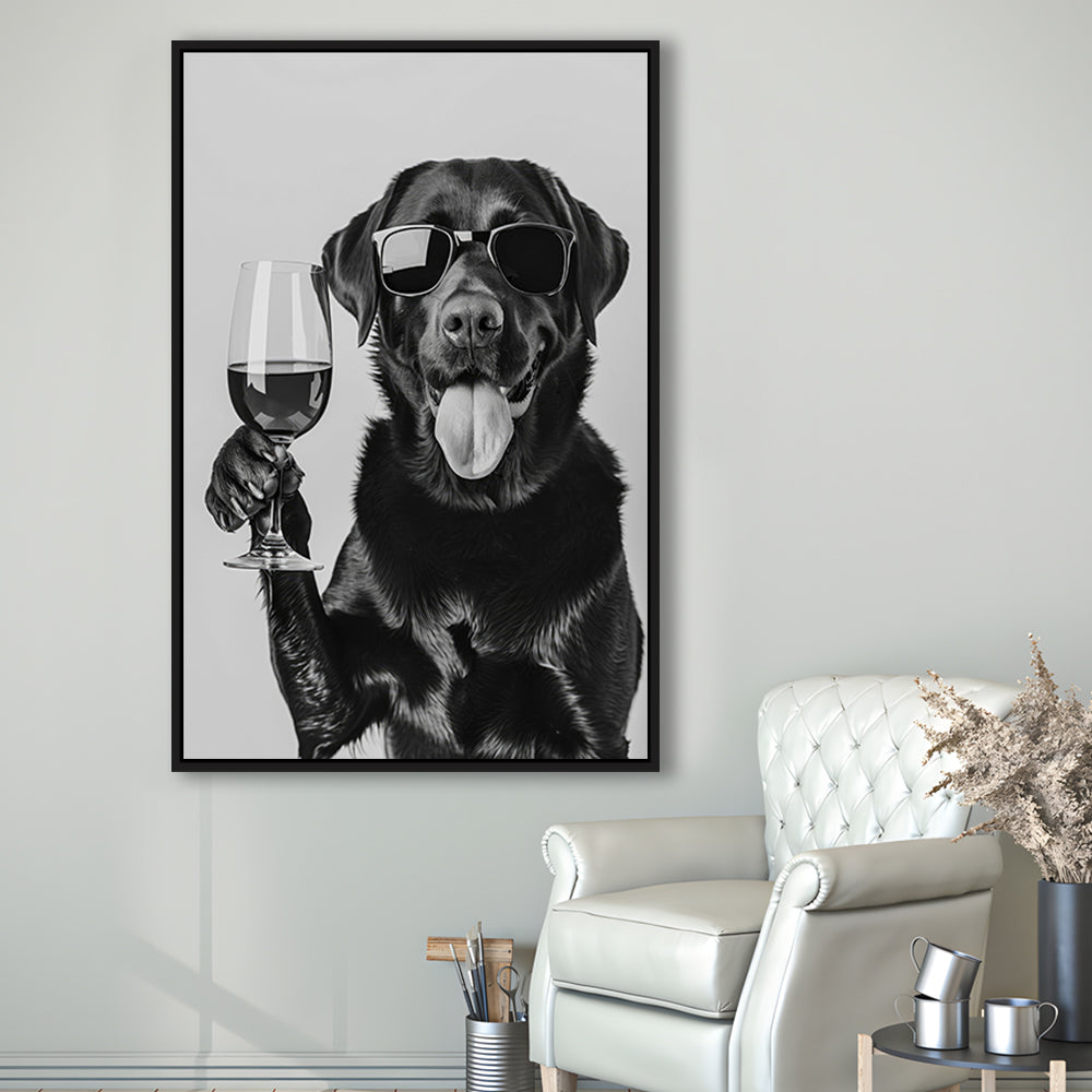 Labrador Drinking Wine Framed Canvas Print Wall Art, Black and White, Black Lab, Bar Cart Print, Pet Art, Home Bar Decor
