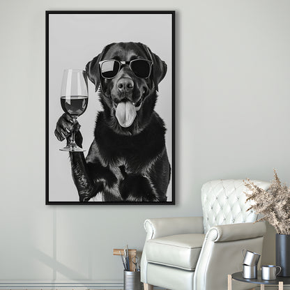 Labrador Drinking Wine Framed Canvas Print Wall Art, Black and White, Black Lab, Bar Cart Print, Pet Art, Home Bar Decor