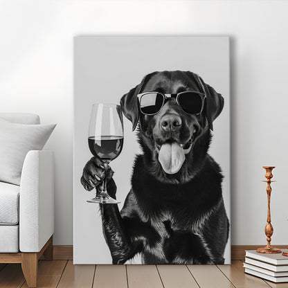 Labrador Drinking Wine Canvas Print Wall Art, Black and White, Black Lab, Bar Cart Print, Pet Art,, Home Bar Decor