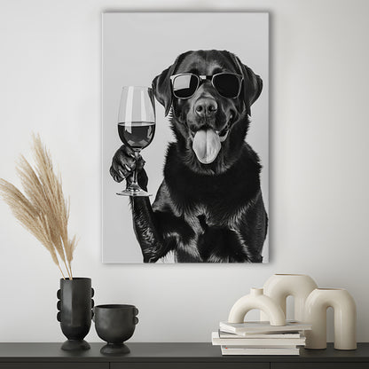 Labrador Drinking Wine Canvas Print Wall Art, Black and White, Black Lab, Bar Cart Print, Pet Art,, Home Bar Decor