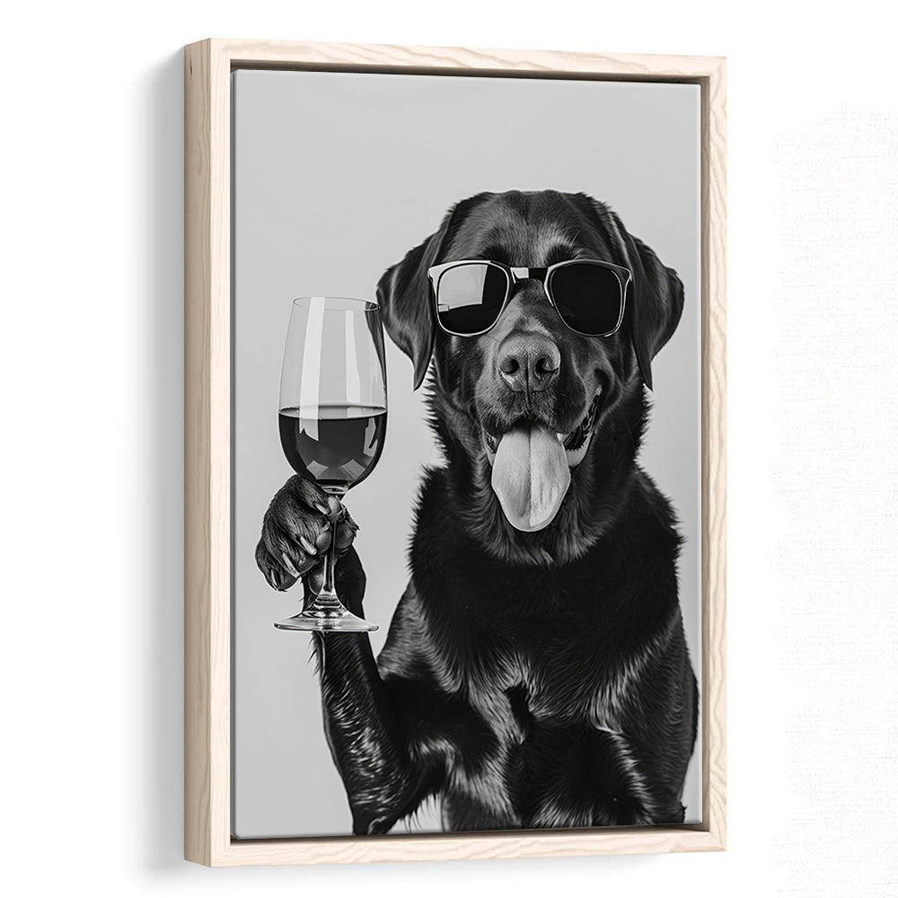 Labrador Drinking Wine Framed Canvas Print Wall Art, Black and White, Black Lab, Bar Cart Print, Pet Art, Home Bar Decor