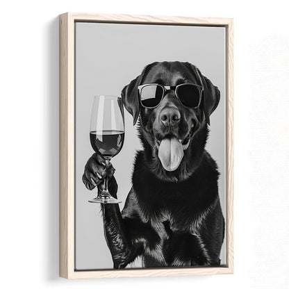 Labrador Drinking Wine Framed Canvas Print Wall Art, Black and White, Black Lab, Bar Cart Print, Pet Art, Home Bar Decor
