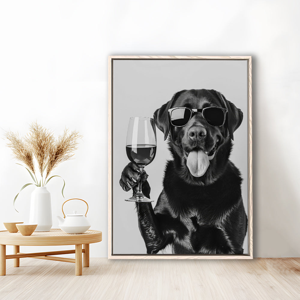 Labrador Drinking Wine Framed Canvas Print Wall Art, Black and White, Black Lab, Bar Cart Print, Pet Art, Home Bar Decor