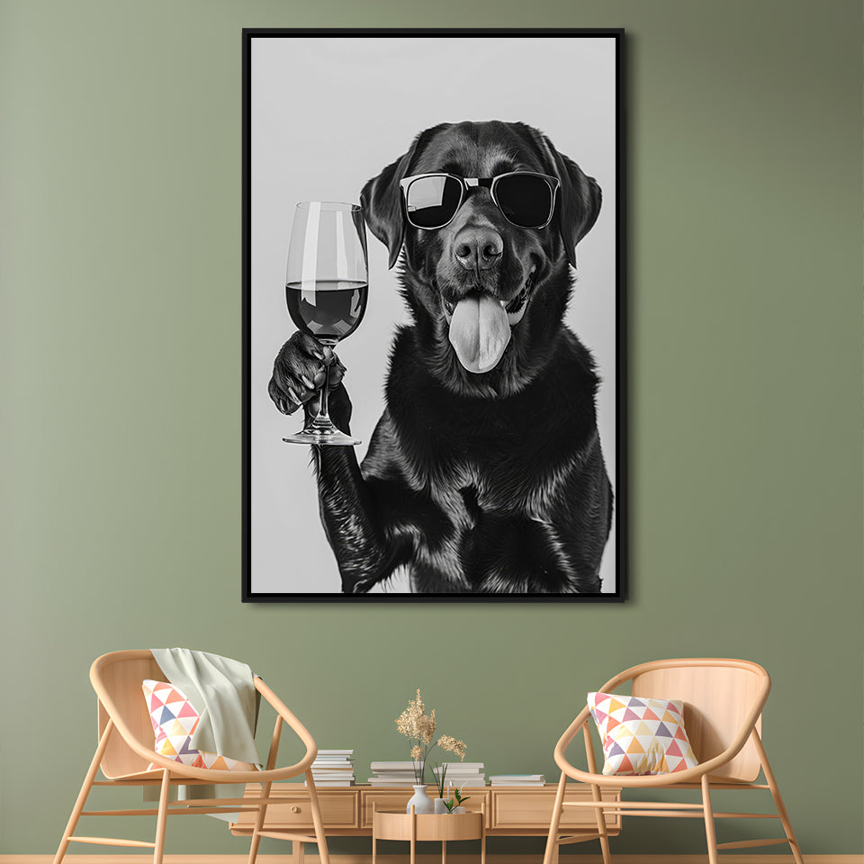 Labrador Drinking Wine Framed Canvas Print Wall Art, Black and White, Black Lab, Bar Cart Print, Pet Art, Home Bar Decor