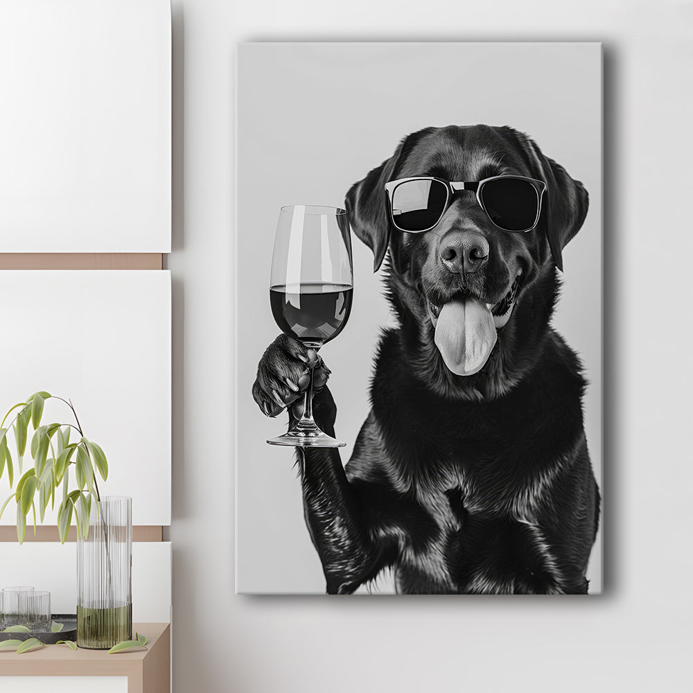 Labrador Drinking Wine Canvas Print Wall Art, Black and White, Black Lab, Bar Cart Print, Pet Art,, Home Bar Decor