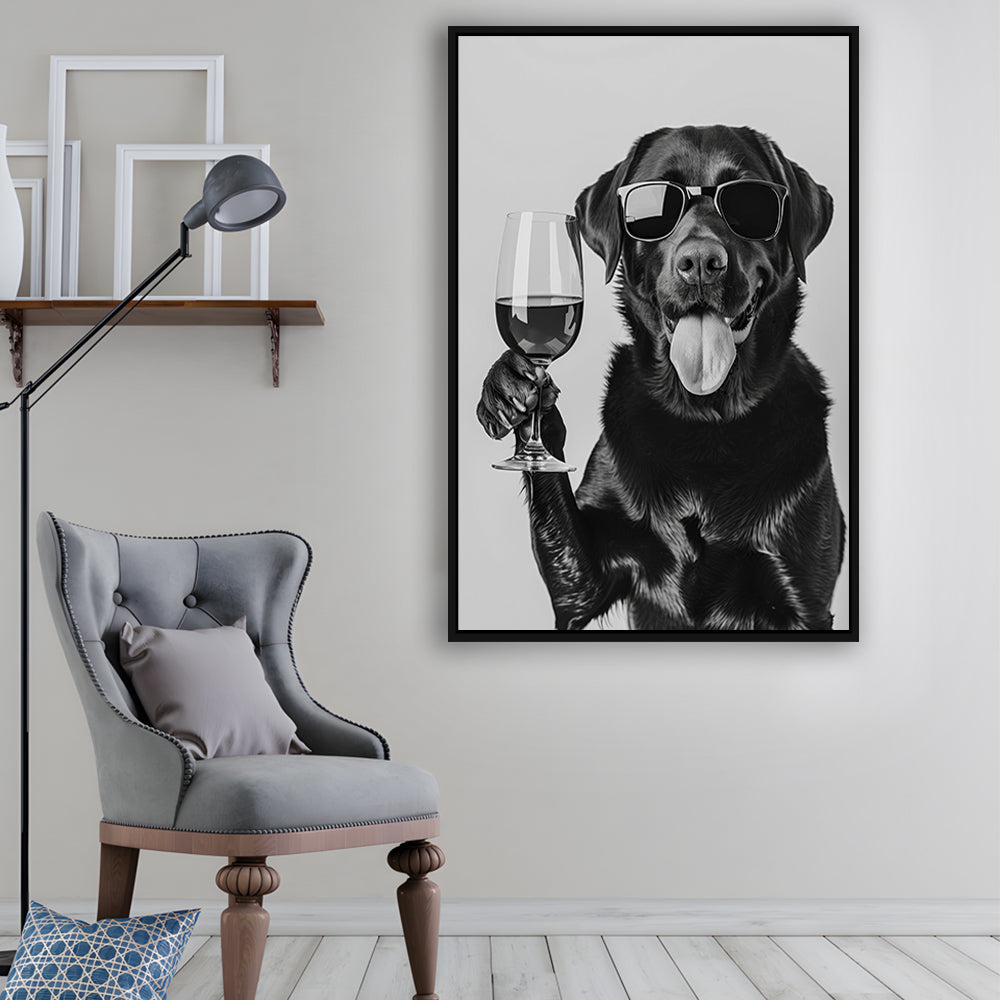 Labrador Drinking Wine Framed Canvas Print Wall Art, Black and White, Black Lab, Bar Cart Print, Pet Art, Home Bar Decor