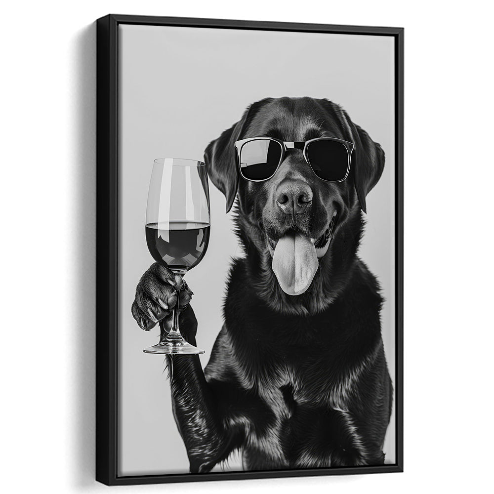 Labrador Drinking Wine Framed Canvas Print Wall Art, Black and White, Black Lab, Bar Cart Print, Pet Art, Home Bar Decor