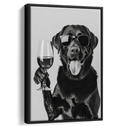 Labrador Drinking Wine Framed Canvas Print Wall Art, Black and White, Black Lab, Bar Cart Print, Pet Art, Home Bar Decor