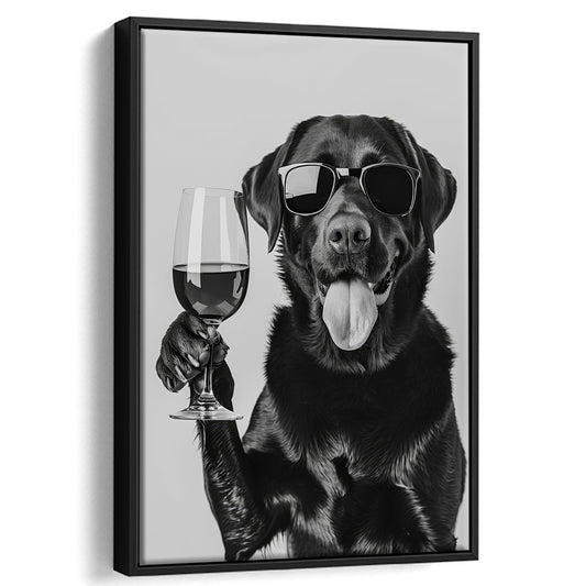 Labrador Drinking Wine Framed Canvas Print Wall Art, Black and White, Black Lab, Bar Cart Print, Pet Art, Home Bar Decor