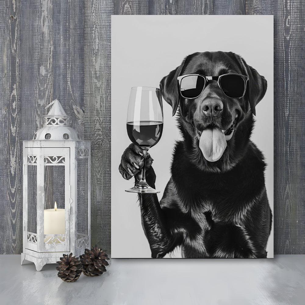 Labrador Drinking Wine Canvas Print Wall Art, Black and White, Black Lab, Bar Cart Print, Pet Art,, Home Bar Decor