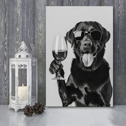 Labrador Drinking Wine Canvas Print Wall Art, Black and White, Black Lab, Bar Cart Print, Pet Art,, Home Bar Decor