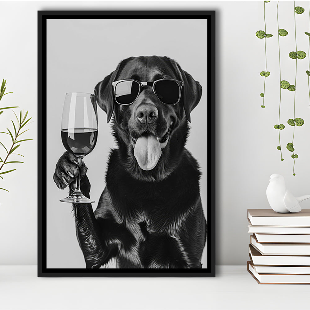 Labrador Drinking Wine Framed Canvas Print Wall Art, Black and White, Black Lab, Bar Cart Print, Pet Art, Home Bar Decor