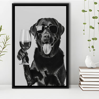 Labrador Drinking Wine Framed Canvas Print Wall Art, Black and White, Black Lab, Bar Cart Print, Pet Art, Home Bar Decor