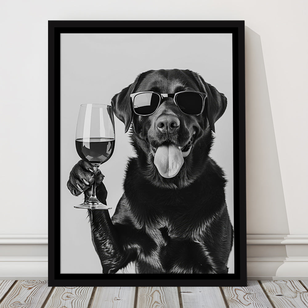 Labrador Drinking Wine Framed Canvas Print Wall Art, Black and White, Black Lab, Bar Cart Print, Pet Art, Home Bar Decor