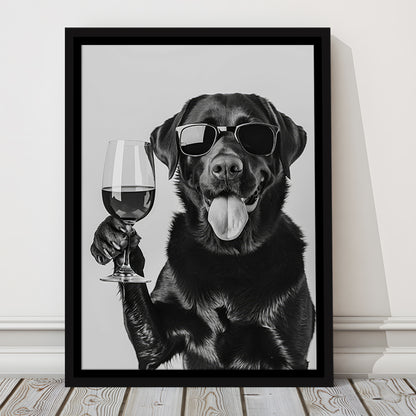 Labrador Drinking Wine Framed Canvas Print Wall Art, Black and White, Black Lab, Bar Cart Print, Pet Art, Home Bar Decor