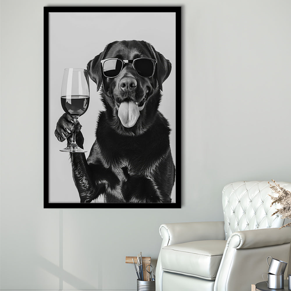 Labrador Drinking Wine Framed Art Print Wall Decor, Black and White, Black Lab, Bar Cart Print, Pet Art, Home Bar Decor