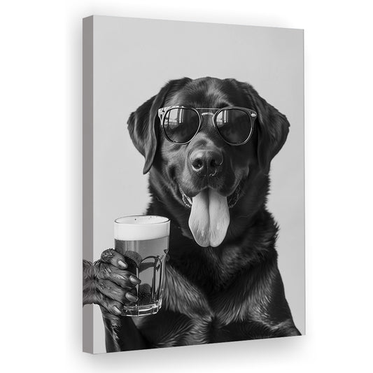 Labrador Holding Beer Canvas Print Wall Art, Black and White, Dog Gift, Beer, Bar Cart Decor, Kitchen Wall Decor