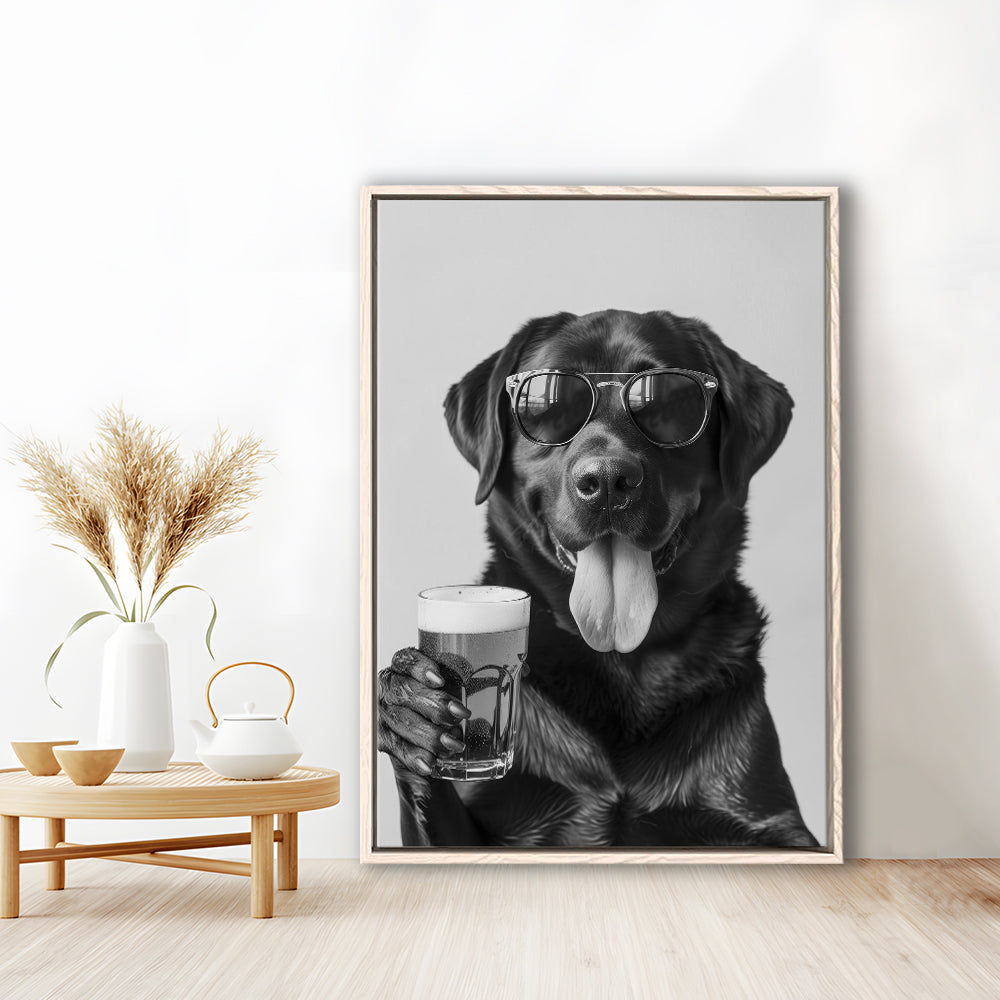 Labrador Holding Beer Framed Canvas Print Wall Art, Black and White, Dog Gift, Beer, Bar Cart Decor, Kitchen Wall Decor