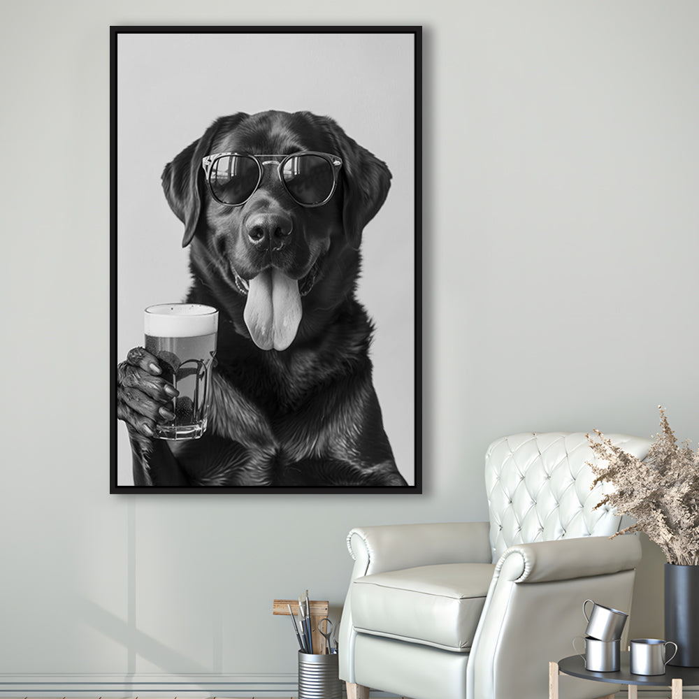 Labrador Holding Beer Framed Canvas Print Wall Art, Black and White, Dog Gift, Beer, Bar Cart Decor, Kitchen Wall Decor