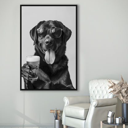 Labrador Holding Beer Framed Canvas Print Wall Art, Black and White, Dog Gift, Beer, Bar Cart Decor, Kitchen Wall Decor