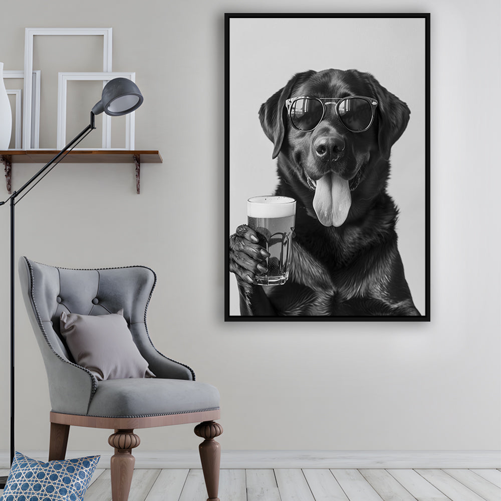 Labrador Holding Beer Framed Canvas Print Wall Art, Black and White, Dog Gift, Beer, Bar Cart Decor, Kitchen Wall Decor