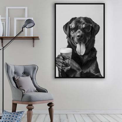 Labrador Holding Beer Framed Canvas Print Wall Art, Black and White, Dog Gift, Beer, Bar Cart Decor, Kitchen Wall Decor