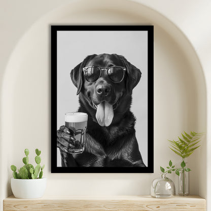 Labrador Holding Beer Framed Art Print Wall Decor, Black and White, Dog Gift, Beer, Bar Cart Decor, Kitchen Wall Decor