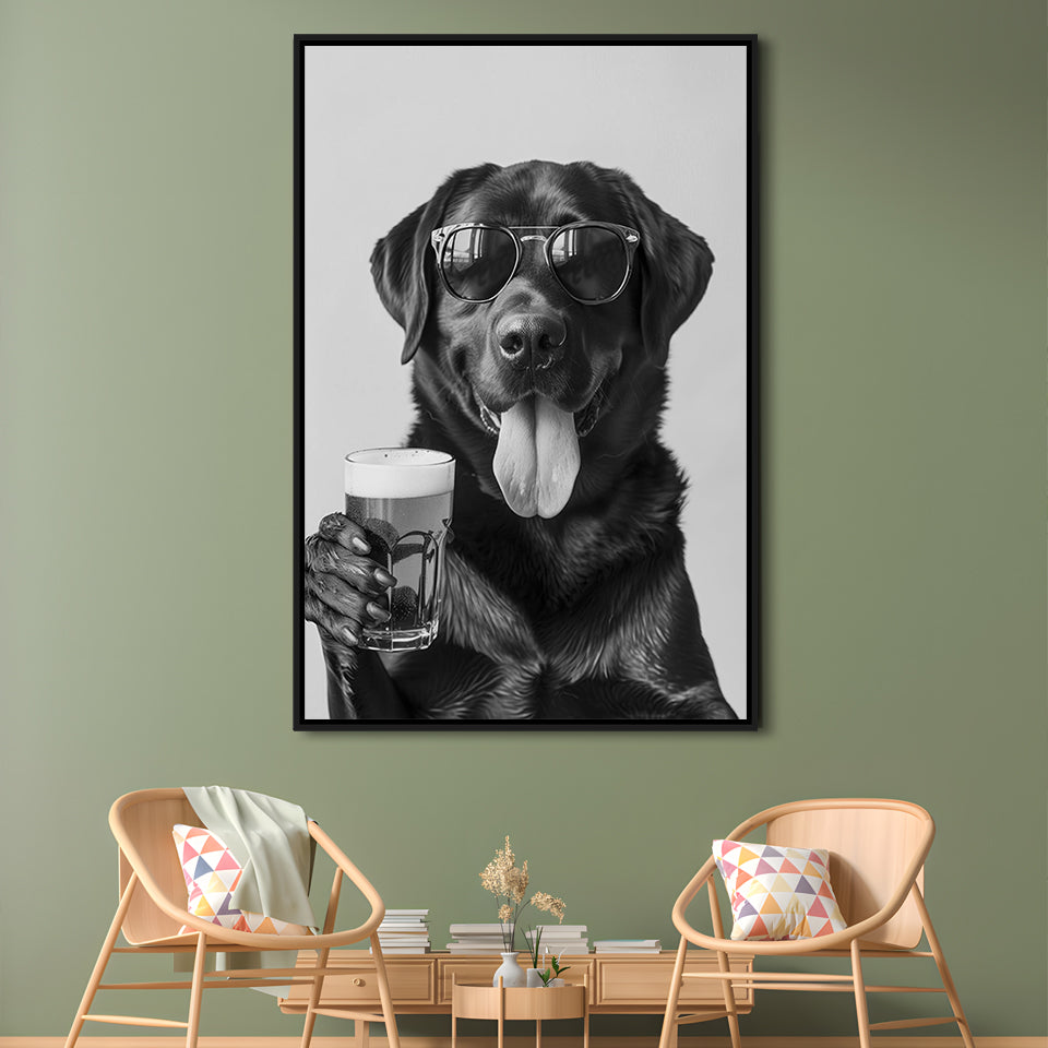 Labrador Holding Beer Framed Canvas Print Wall Art, Black and White, Dog Gift, Beer, Bar Cart Decor, Kitchen Wall Decor