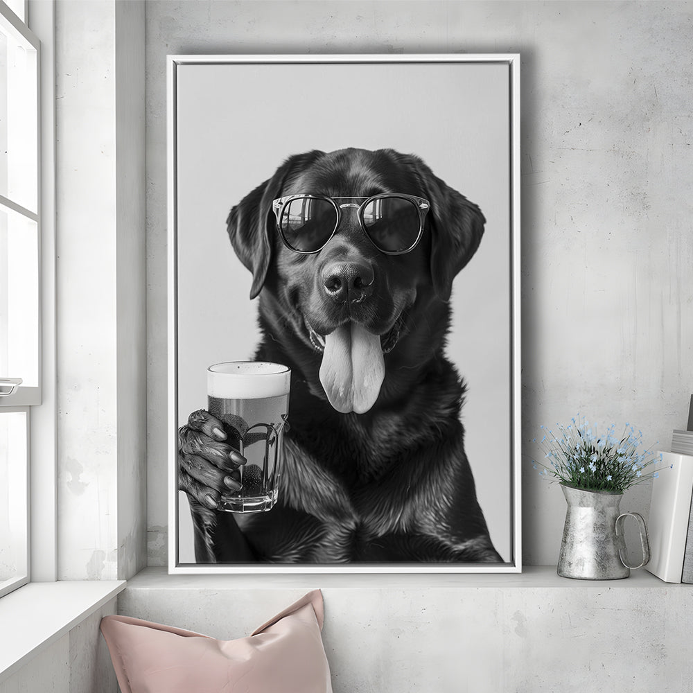 Labrador Holding Beer Framed Canvas Print Wall Art, Black and White, Dog Gift, Beer, Bar Cart Decor, Kitchen Wall Decor