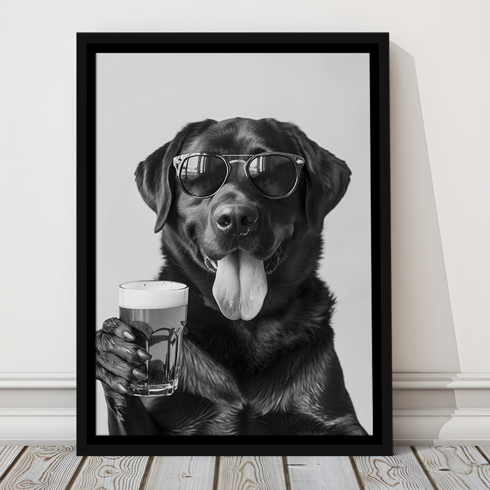 Labrador Holding Beer Framed Canvas Print Wall Art, Black and White, Dog Gift, Beer, Bar Cart Decor, Kitchen Wall Decor
