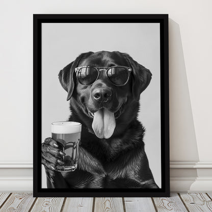 Labrador Holding Beer Framed Canvas Print Wall Art, Black and White, Dog Gift, Beer, Bar Cart Decor, Kitchen Wall Decor