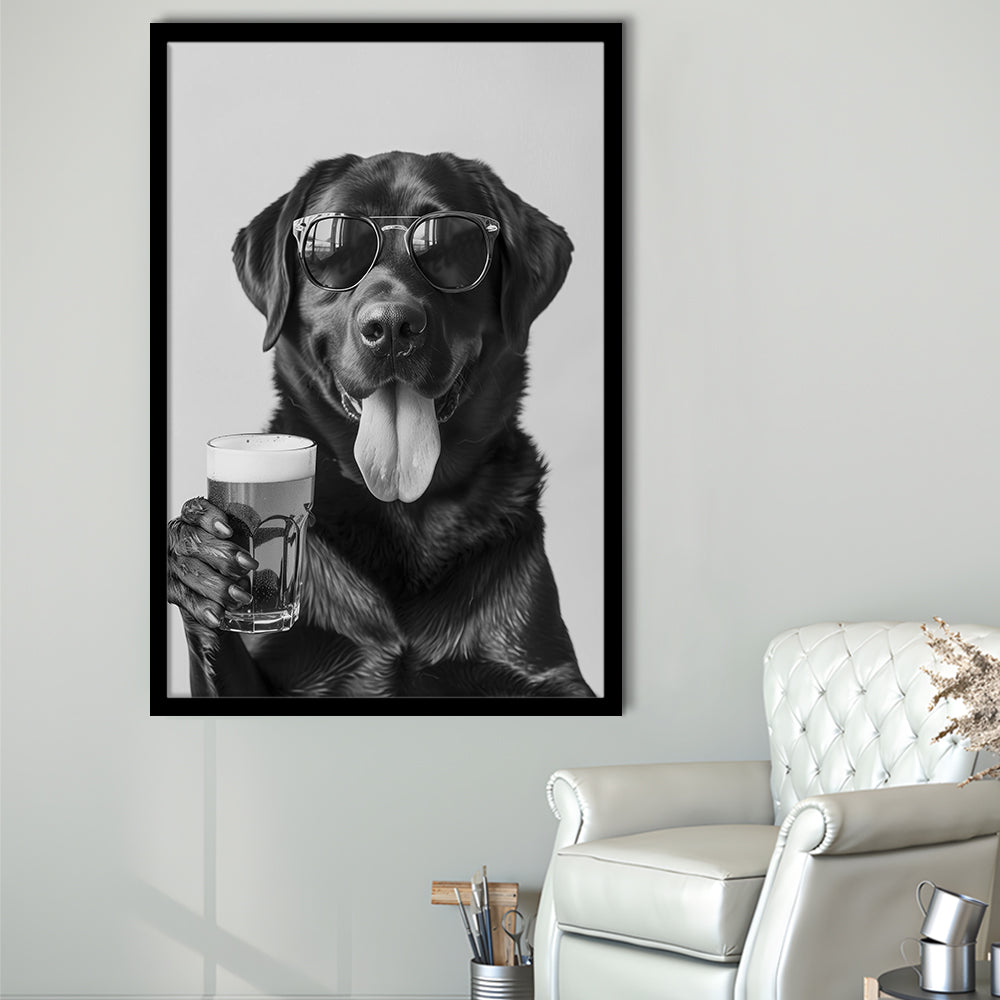 Labrador Holding Beer Framed Art Print Wall Decor, Black and White, Dog Gift, Beer, Bar Cart Decor, Kitchen Wall Decor