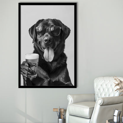 Labrador Holding Beer Framed Art Print Wall Decor, Black and White, Dog Gift, Beer, Bar Cart Decor, Kitchen Wall Decor