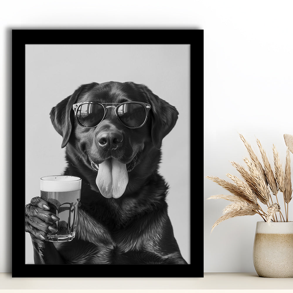 Labrador Holding Beer Framed Art Print Wall Decor, Black and White, Dog Gift, Beer, Bar Cart Decor, Kitchen Wall Decor