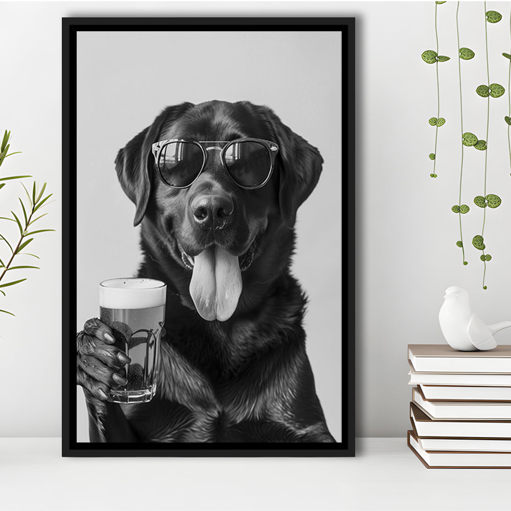 Labrador Holding Beer Framed Canvas Print Wall Art, Black and White, Dog Gift, Beer, Bar Cart Decor, Kitchen Wall Decor