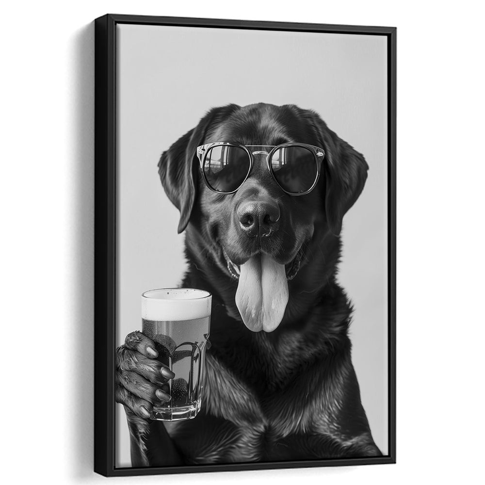 Labrador Holding Beer Framed Canvas Print Wall Art, Black and White, Dog Gift, Beer, Bar Cart Decor, Kitchen Wall Decor