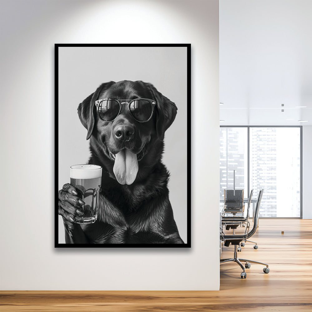 Labrador Holding Beer Framed Art Print Wall Decor, Black and White, Dog Gift, Beer, Bar Cart Decor, Kitchen Wall Decor