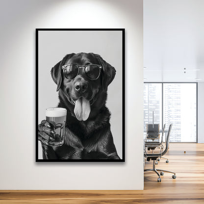 Labrador Holding Beer Framed Art Print Wall Decor, Black and White, Dog Gift, Beer, Bar Cart Decor, Kitchen Wall Decor