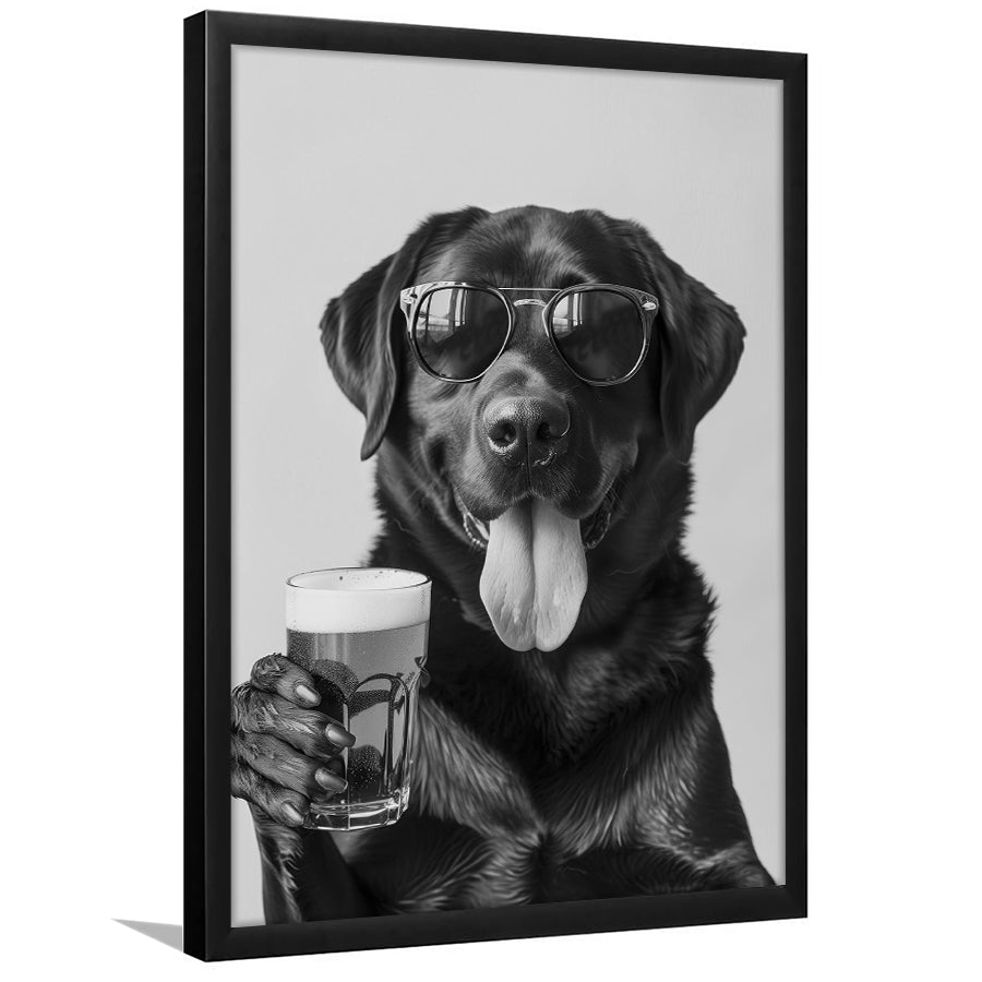 Labrador Holding Beer Framed Art Print Wall Decor, Black and White, Dog Gift, Beer, Bar Cart Decor, Kitchen Wall Decor