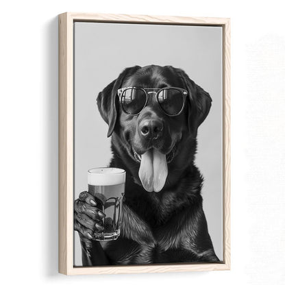 Labrador Holding Beer Framed Canvas Print Wall Art, Black and White, Dog Gift, Beer, Bar Cart Decor, Kitchen Wall Decor