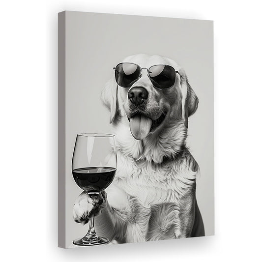 Labrador Holding Red Wine Canvas Print Wall Art, Black and White, White Lab, Bar Cart Print,, Kitchen Wall Decor