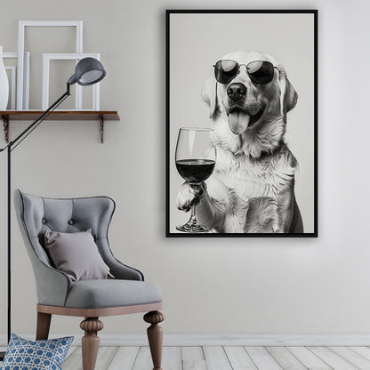 Labrador Holding Red Wine Framed Canvas Print Wall Art, Black and White, White Lab, Bar Cart Print, Kitchen Wall Decor