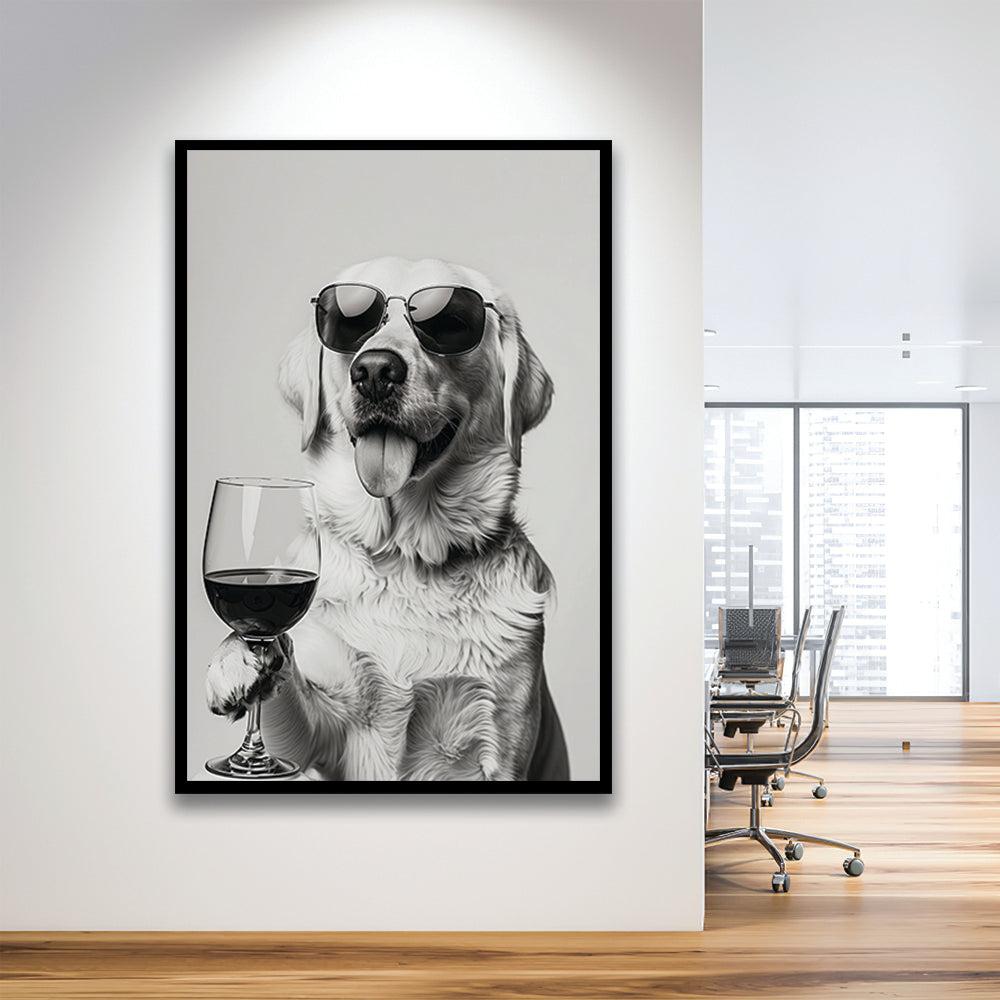 Labrador Holding Red Wine Framed Art Print Wall Decor, Black and White, White Lab, Bar Cart Print, Kitchen Wall Decor